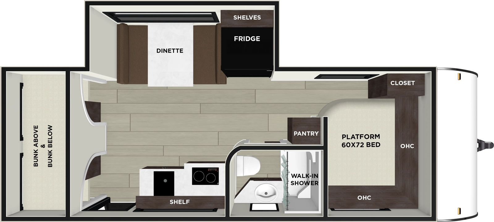 The Salem FSX 180ICE floorplan has one entry and one slide out. Exterior features include: metal exterior and 15' awning. Interiors features include: bunk beds and front bedroom.